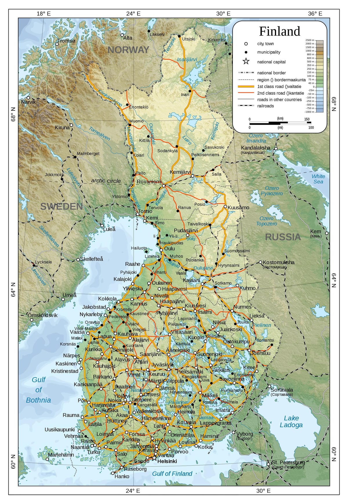 Mapa fizički Finska